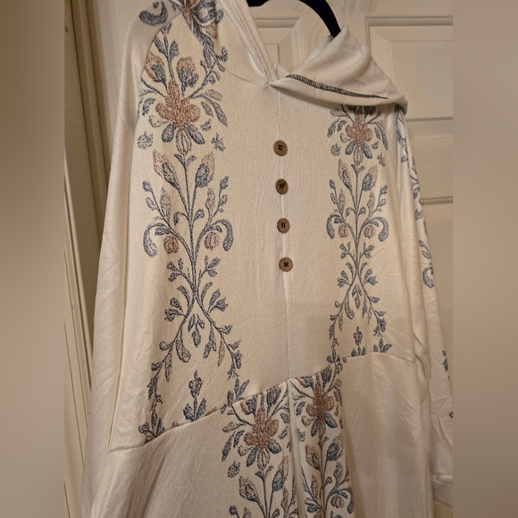 Boho Floral Embroidered Hooded Maxi Dress Cream Blue Long Sleeve Size 4xl NWOT - Picture 3 of 6